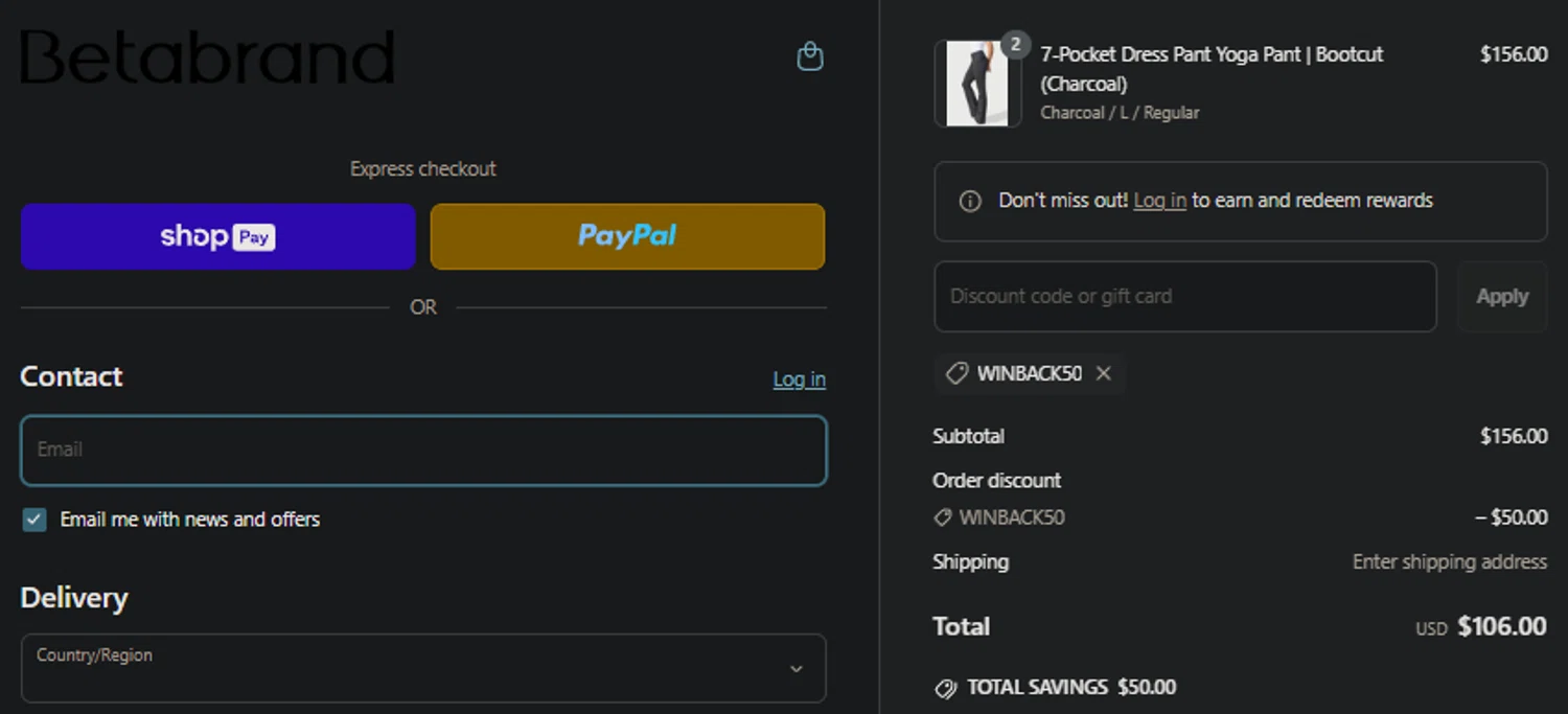 Betabrand discount code screenshot showing code WINBACK50 applied at Betabrand checkout page. Uploaded by SimplyCodes community member idkxxx on Apr 21, 2025