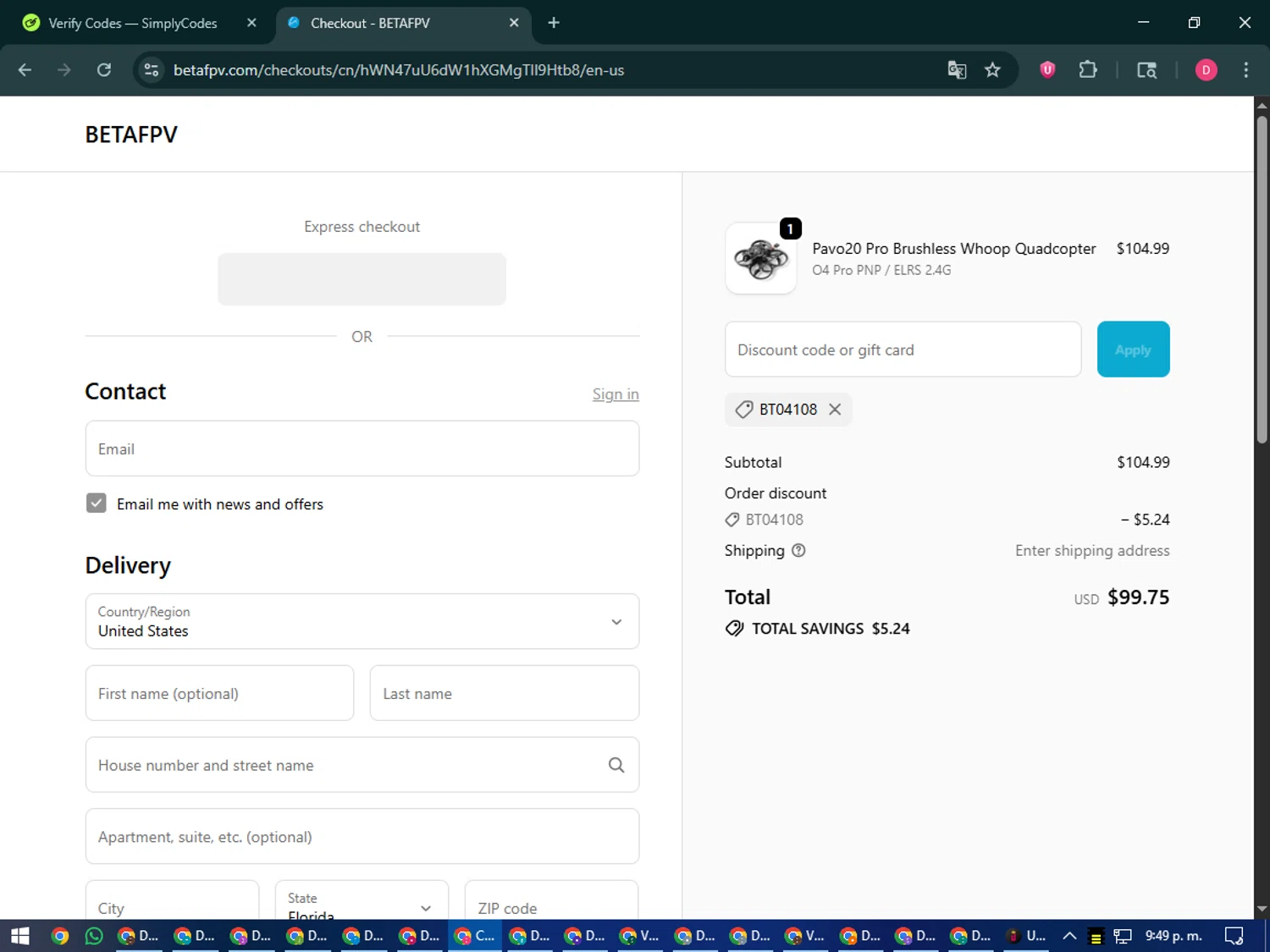 BETAFPV discount code screenshot showing code BT04108 applied at BETAFPV checkout page. Uploaded by SimplyCodes community member MoneySeeker7165 on Oct 15, 2025