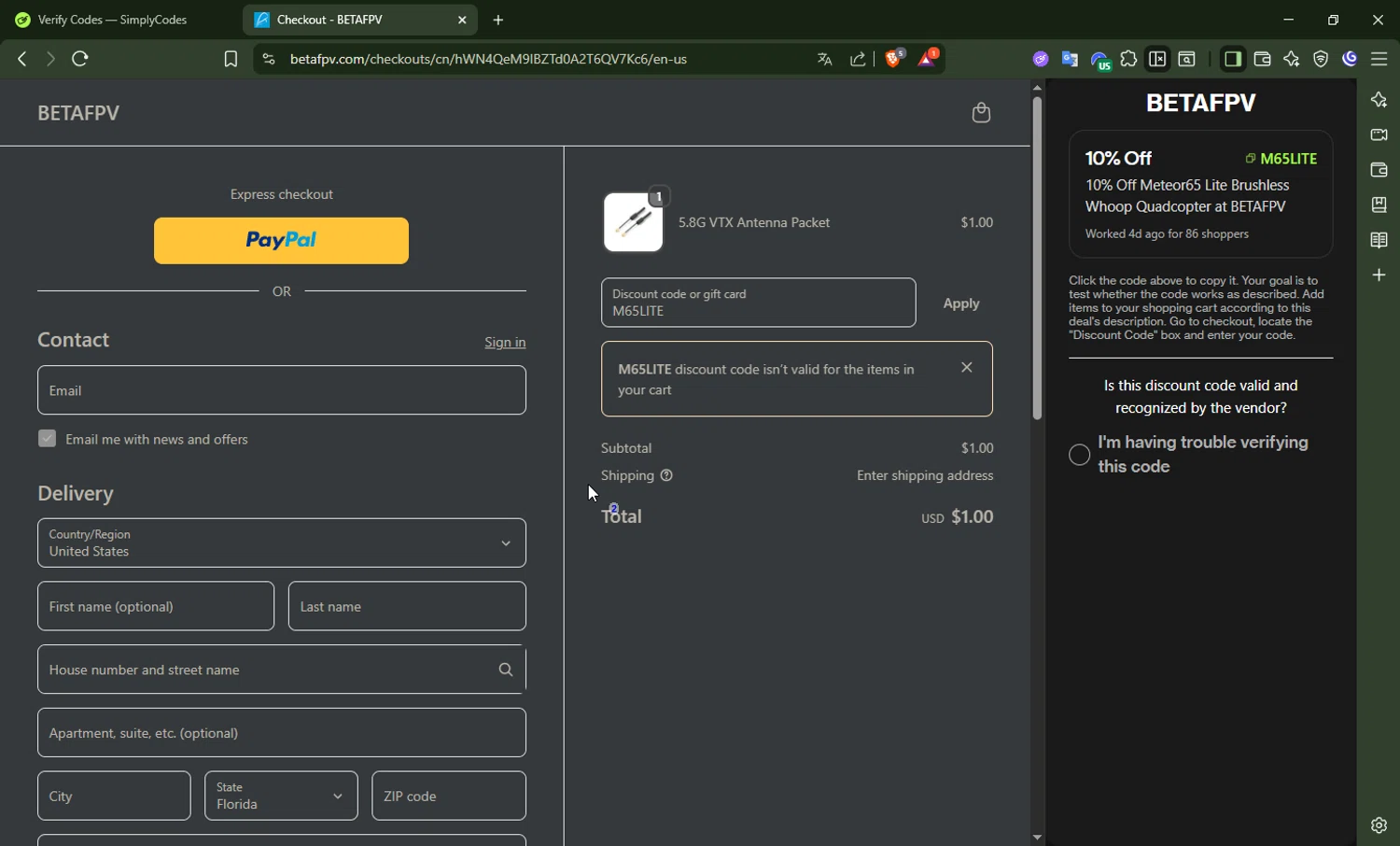 BETAFPV discount code screenshot showing code M65LITE applied at BETAFPV checkout page. Uploaded by SimplyCodes community member DrossRotzank on Oct 23, 2025