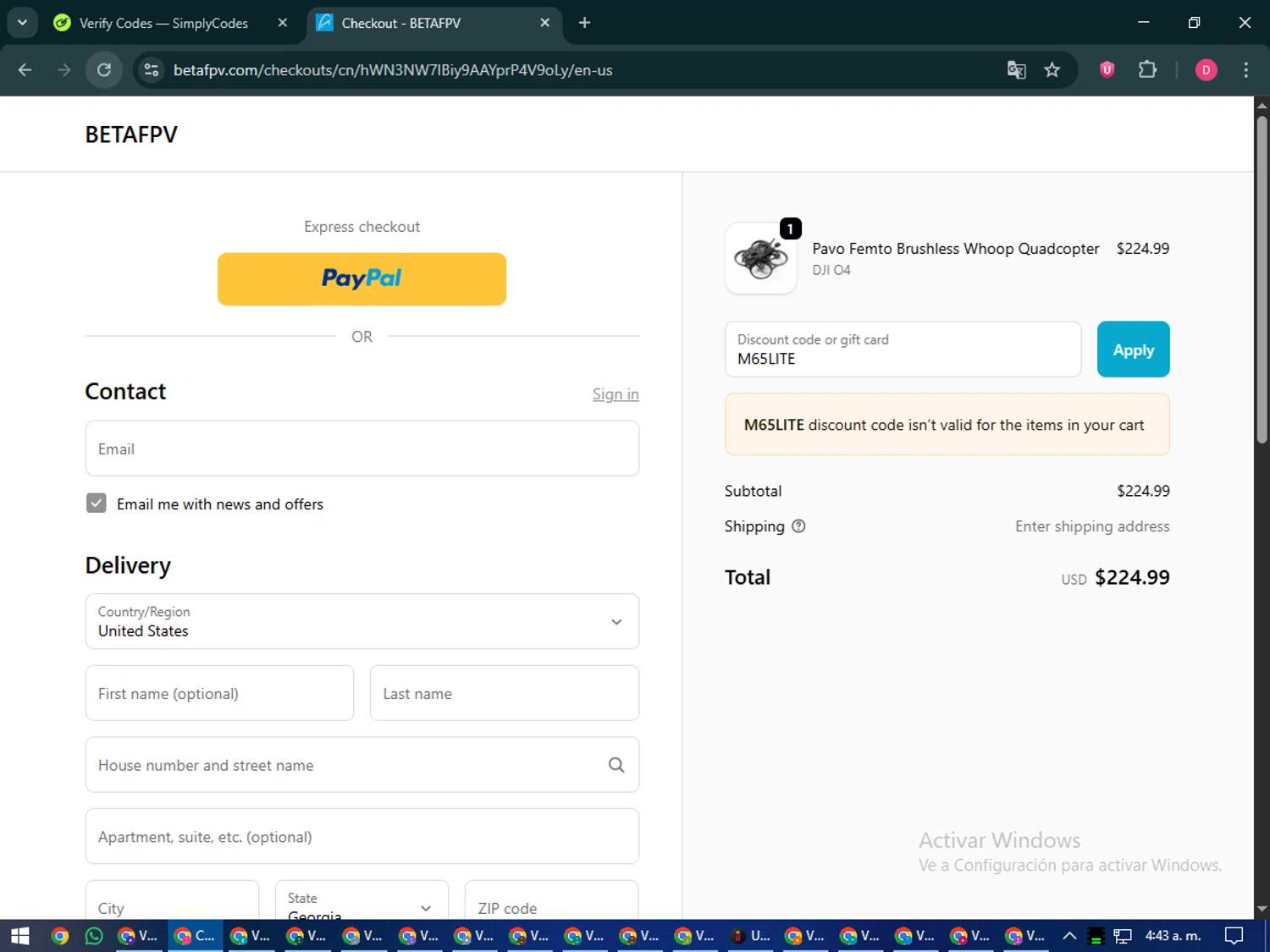 BETAFPV discount code screenshot showing code M65LITE applied at BETAFPV checkout page. Uploaded by SimplyCodes community member MoneySeeker7165 on Sep 25, 2025