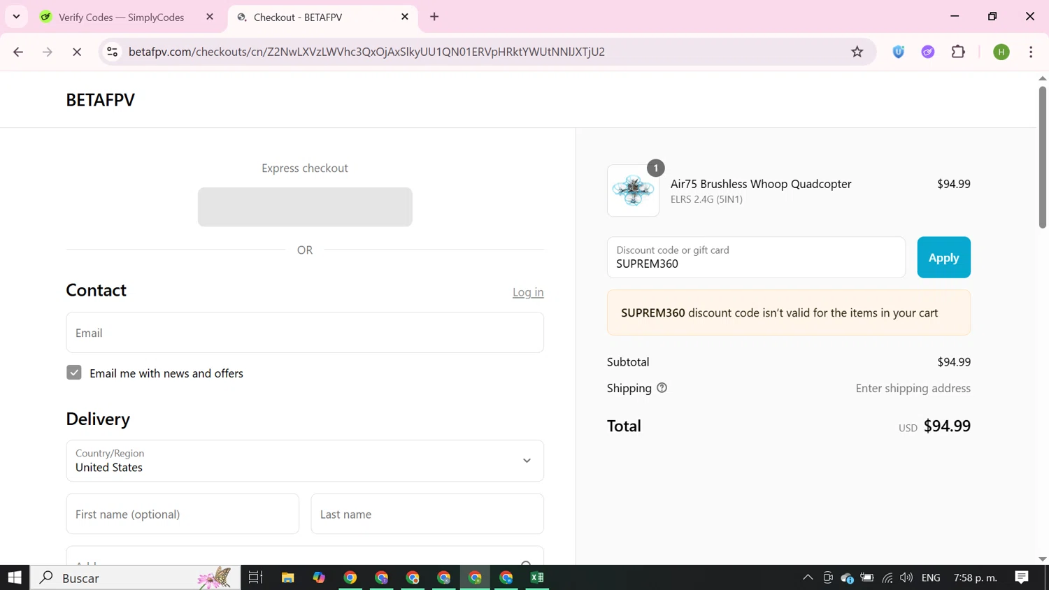 BETAFPV discount code screenshot showing code SUPREM360 applied at BETAFPV checkout page. Uploaded by SimplyCodes community member BudgetFalcon2689 on Jun 18, 2025