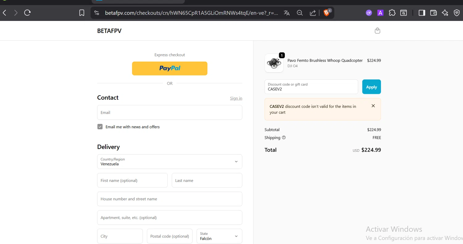 BETAFPV discount code screenshot showing code CASEV2 applied at BETAFPV checkout page. Uploaded by SimplyCodes community member CashElite5536 on Dec 5, 2025
