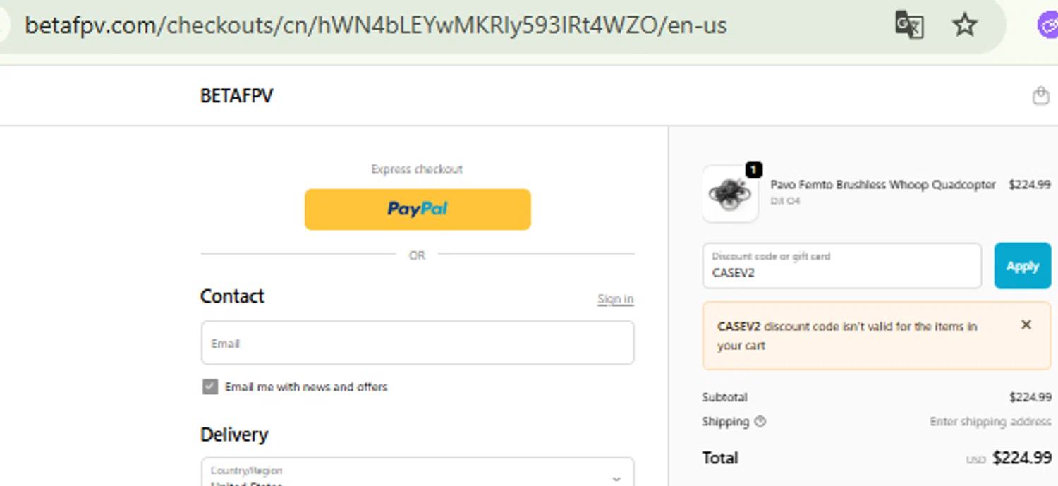 BETAFPV discount code screenshot showing code CASEV2 applied at BETAFPV checkout page. Uploaded by SimplyCodes community member CashMaestro9337 on Oct 27, 2025