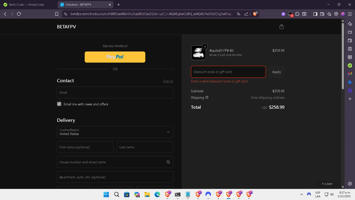 BETAFPV discount code screenshot showing code ASA25BF applied at BETAFPV checkout page. Uploaded by SimplyCodes community member NobleLegend6162 on Dec 2, 2025