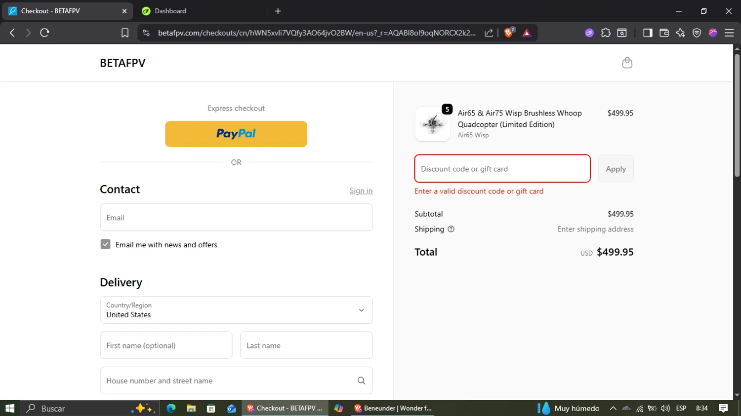 BETAFPV discount code screenshot showing code ASA25BF applied at BETAFPV checkout page. Uploaded by SimplyCodes community member jairinho on Dec 2, 2025
