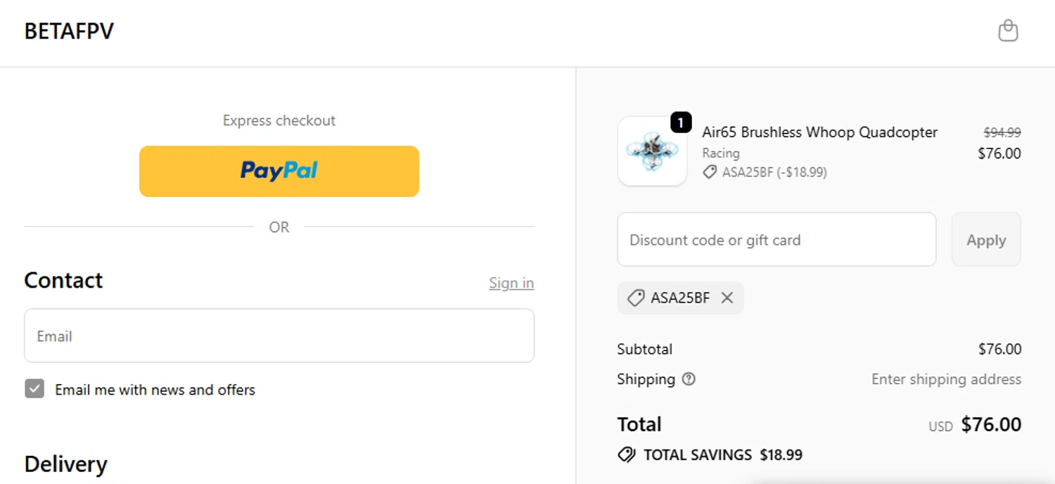BETAFPV discount code screenshot showing code ASA25BF applied at BETAFPV checkout page. Uploaded by SimplyCodes community member anosesmith on Nov 24, 2025