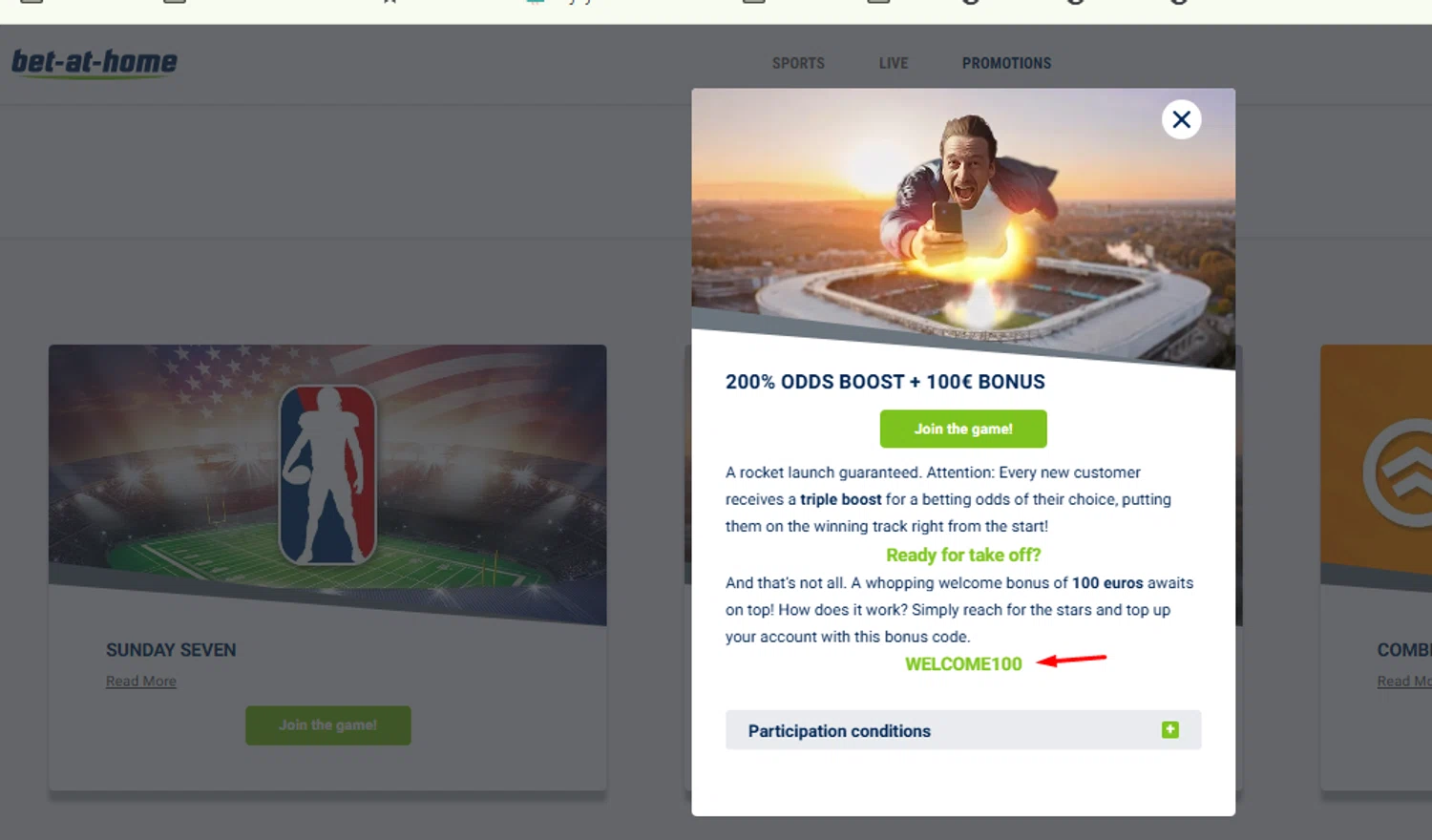 Bet at Home promo code screenshot showing code WELCOME100 applied at Bet at Home checkout page. Uploaded by SimplyCodes community member carlosrivero on Sep 10, 2025