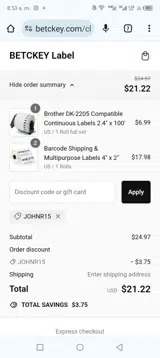 JOHNR15 coupon verification screenshot
