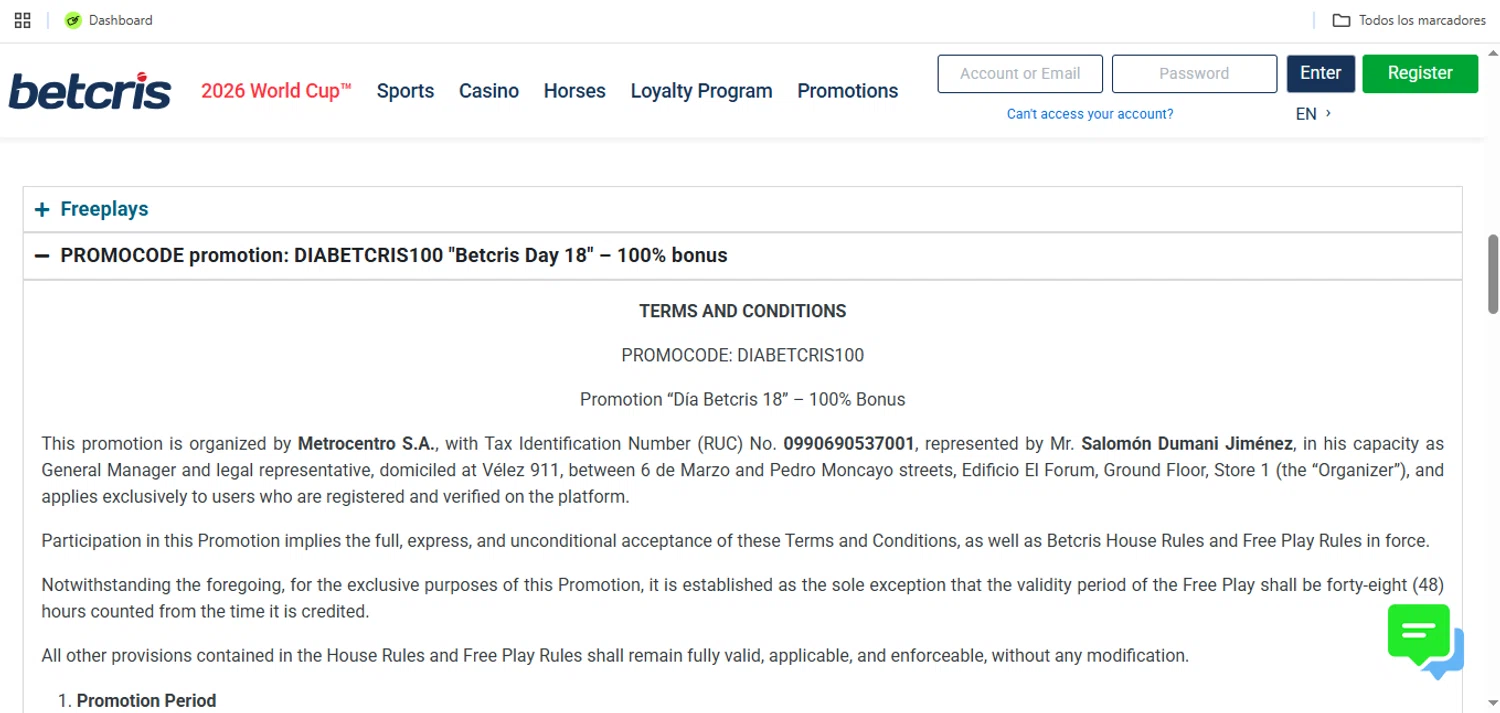 Betcris promo code screenshot showing code DIABETCRIS100 applied at Betcris checkout page. Uploaded by SimplyCodes community member Speedy on May 26, 2026