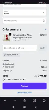 NEXTDOOR coupon verification screenshot