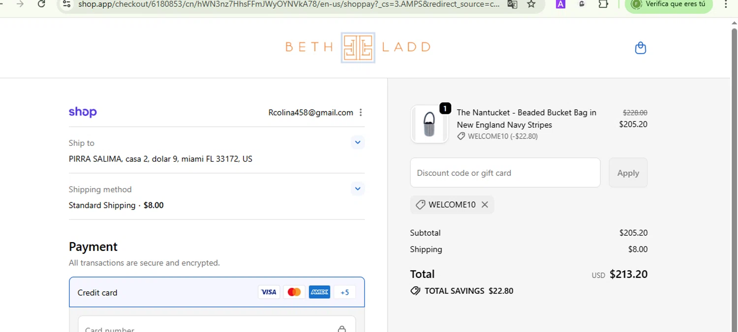Beth Ladd Collections promo code screenshot showing code WELCOME10 applied at Beth Ladd Collections checkout page. Uploaded by SimplyCodes community member Fish3r on Oct 6, 2025