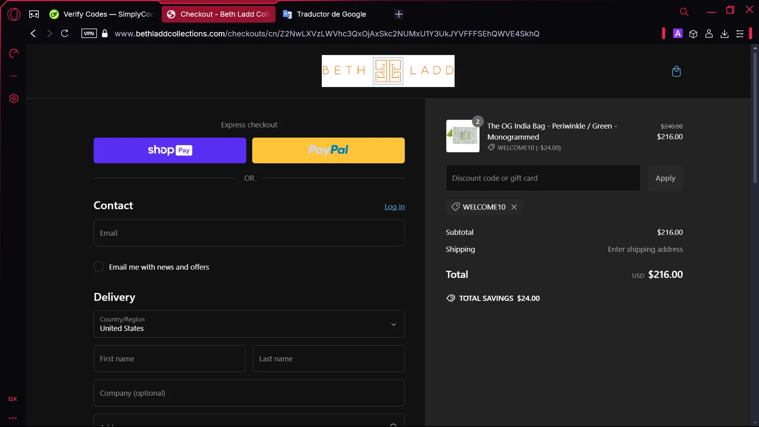 Beth Ladd Collections promo code screenshot showing code WELCOME10 applied at Beth Ladd Collections checkout page. Uploaded by SimplyCodes community member comidaparallevar on Dec 28, 2024