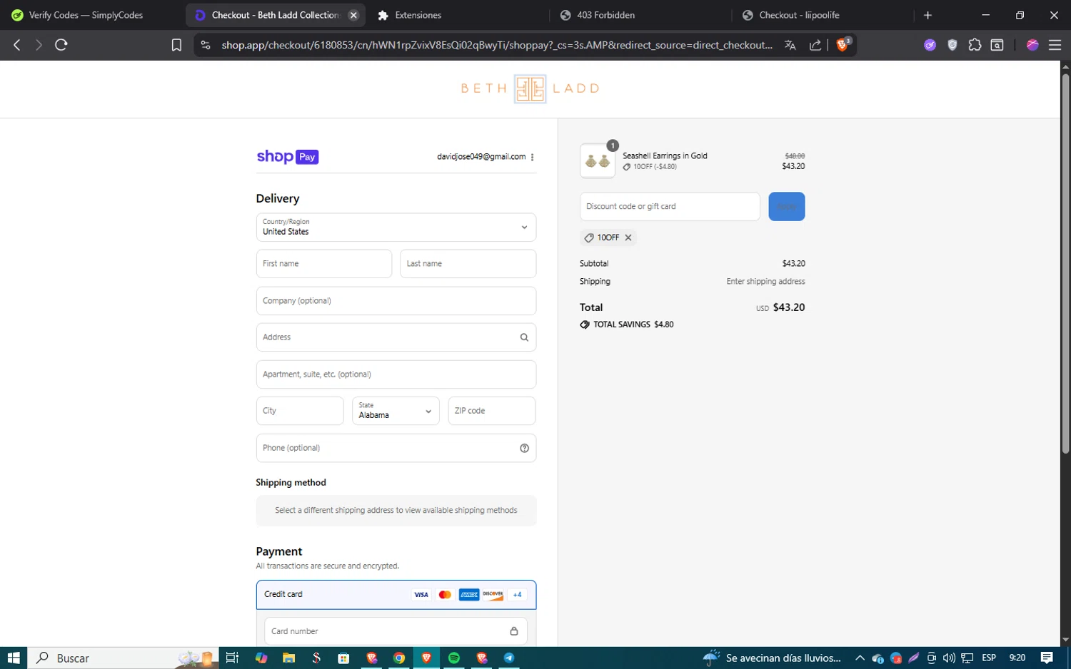 Beth Ladd Collections promo code screenshot showing code 10OFF applied at Beth Ladd Collections checkout page. Uploaded by SimplyCodes community member SmartSaver5858 on Aug 16, 2025