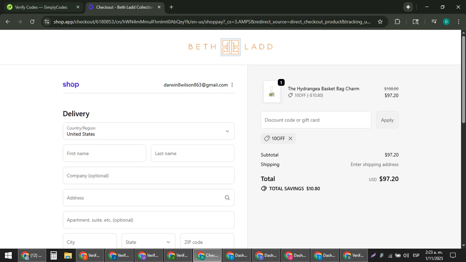 Beth Ladd Collections promo code screenshot showing code 10OFF applied at Beth Ladd Collections checkout page. Uploaded by SimplyCodes community member ThriftyLion6776 on Nov 1, 2025