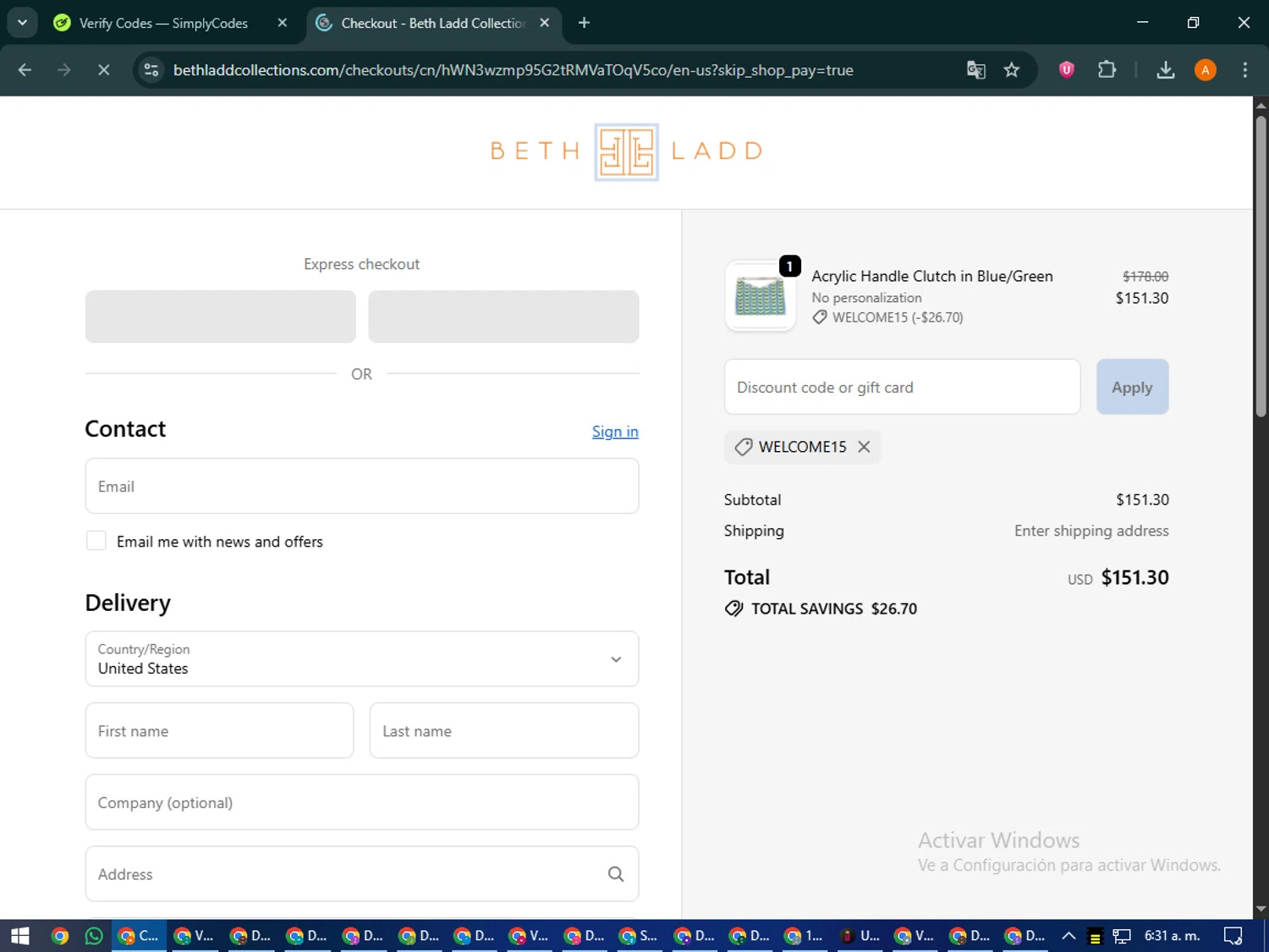 Beth Ladd Collections promo code screenshot showing code welcome15 applied at Beth Ladd Collections checkout page. Uploaded by SimplyCodes community member MoneyPhoenix4664 on Oct 10, 2025