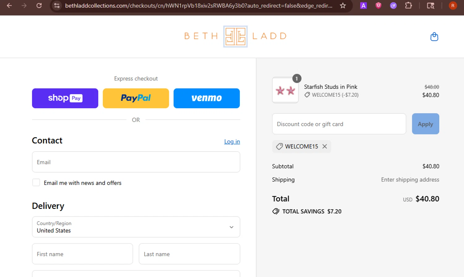 Beth Ladd Collections promo code screenshot showing code welcome15 applied at Beth Ladd Collections checkout page. Uploaded by SimplyCodes community member PromoHawk3429 on Aug 16, 2025