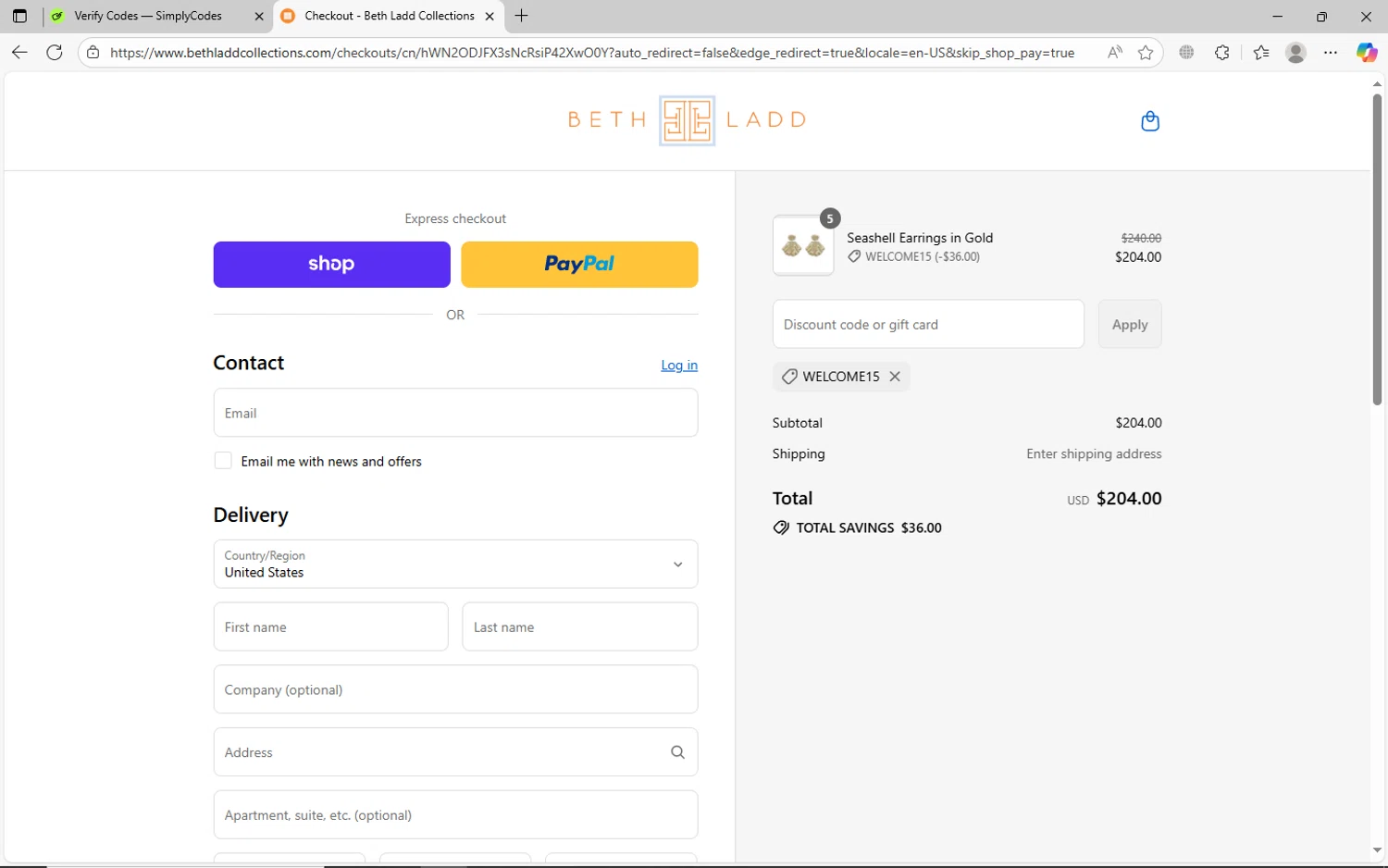 Beth Ladd Collections promo code screenshot showing code welcome15 applied at Beth Ladd Collections checkout page. Uploaded by SimplyCodes community member jechtff10 on Aug 30, 2025