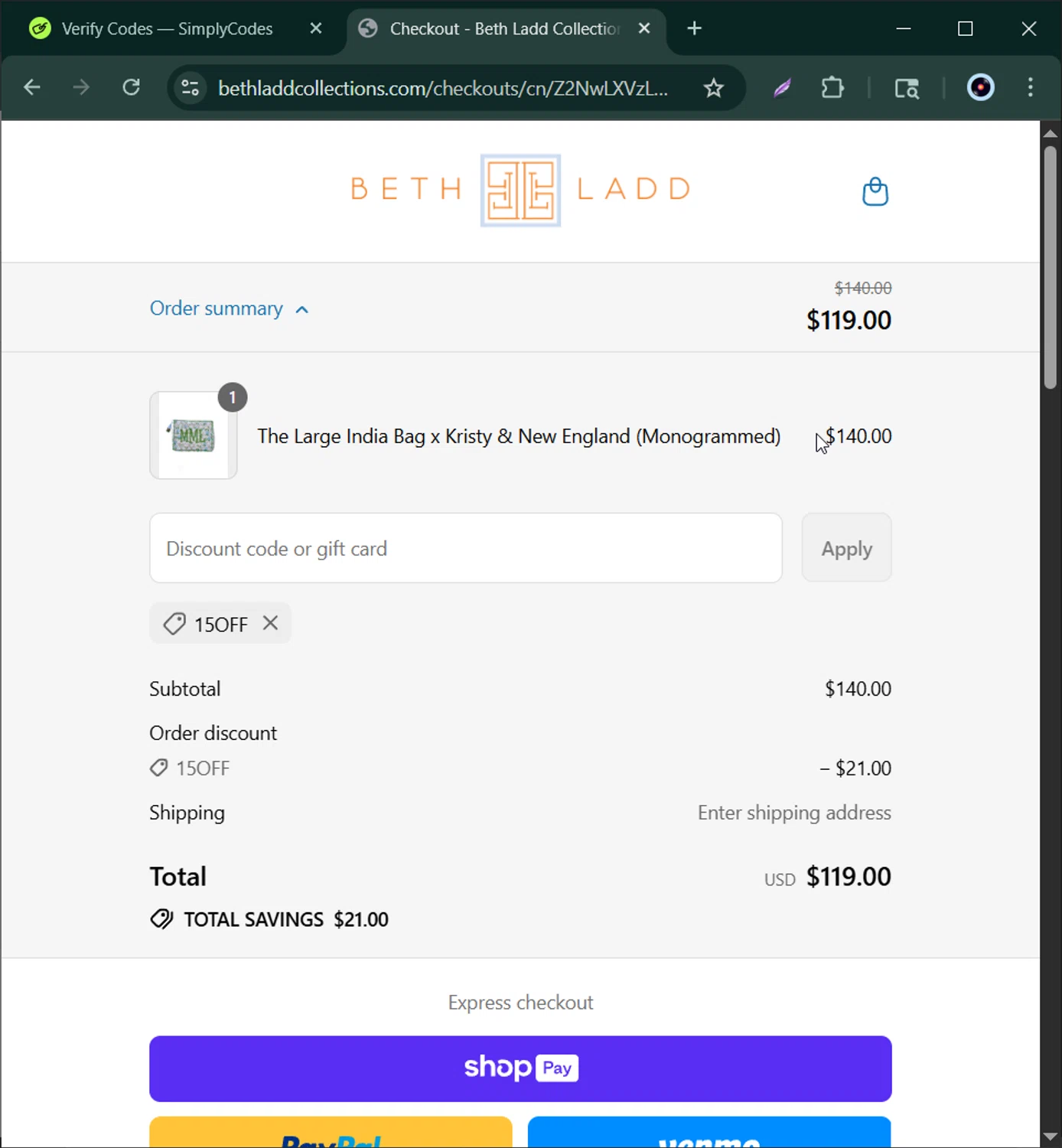 Beth Ladd Collections promo code screenshot showing code 15OFF applied at Beth Ladd Collections checkout page. Uploaded by SimplyCodes community member Bernard_Lowe on Jul 9, 2025