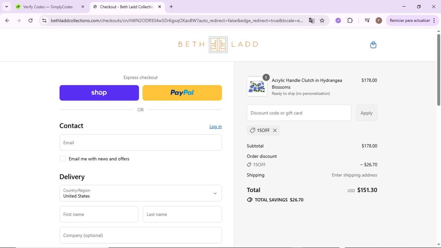 Beth Ladd Collections promo code screenshot showing code 15OFF applied at Beth Ladd Collections checkout page. Uploaded by SimplyCodes community member CashLion2660 on Aug 30, 2025