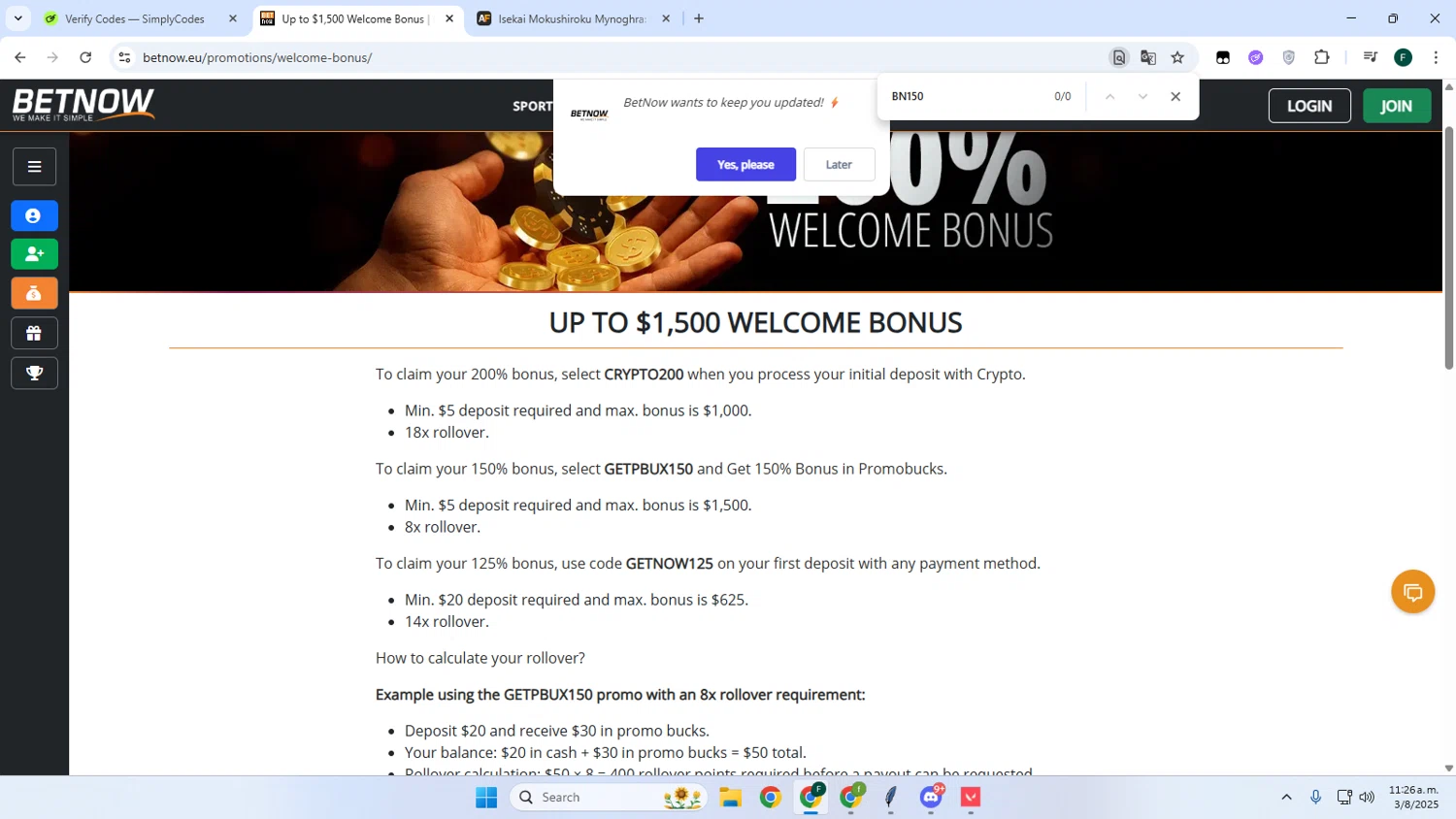 BetNow promo code screenshot showing code BN150 applied at BetNow checkout page. Uploaded by SimplyCodes community member Juanse on Aug 3, 2025