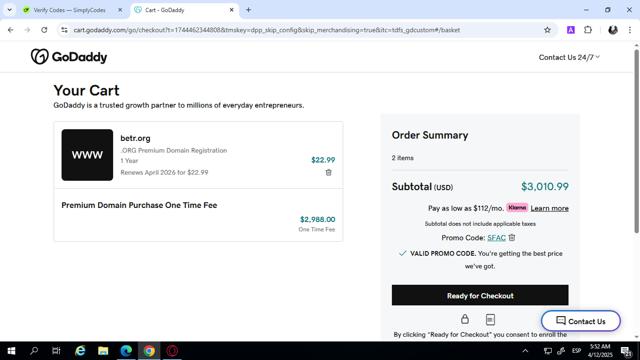 BETR checkout page showing BETR promo code box | Screenshot taken by SimplyCodes community member on Apr 12, 2025