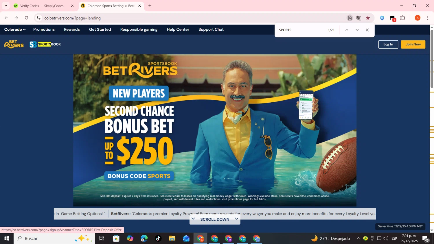 BetRivers promo code screenshot showing code SPORTS applied at BetRivers checkout page. Uploaded by SimplyCodes community member FrugalSentinel6206 on Dec 29, 2025
