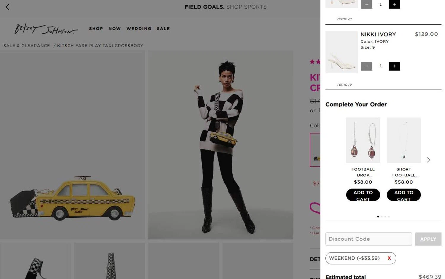 Betsey Johnson coupon code screenshot showing code WEEKEND applied at Betsey Johnson checkout page. Uploaded by SimplyCodes community member 6d796e616d656973 on Aug 29, 2025
