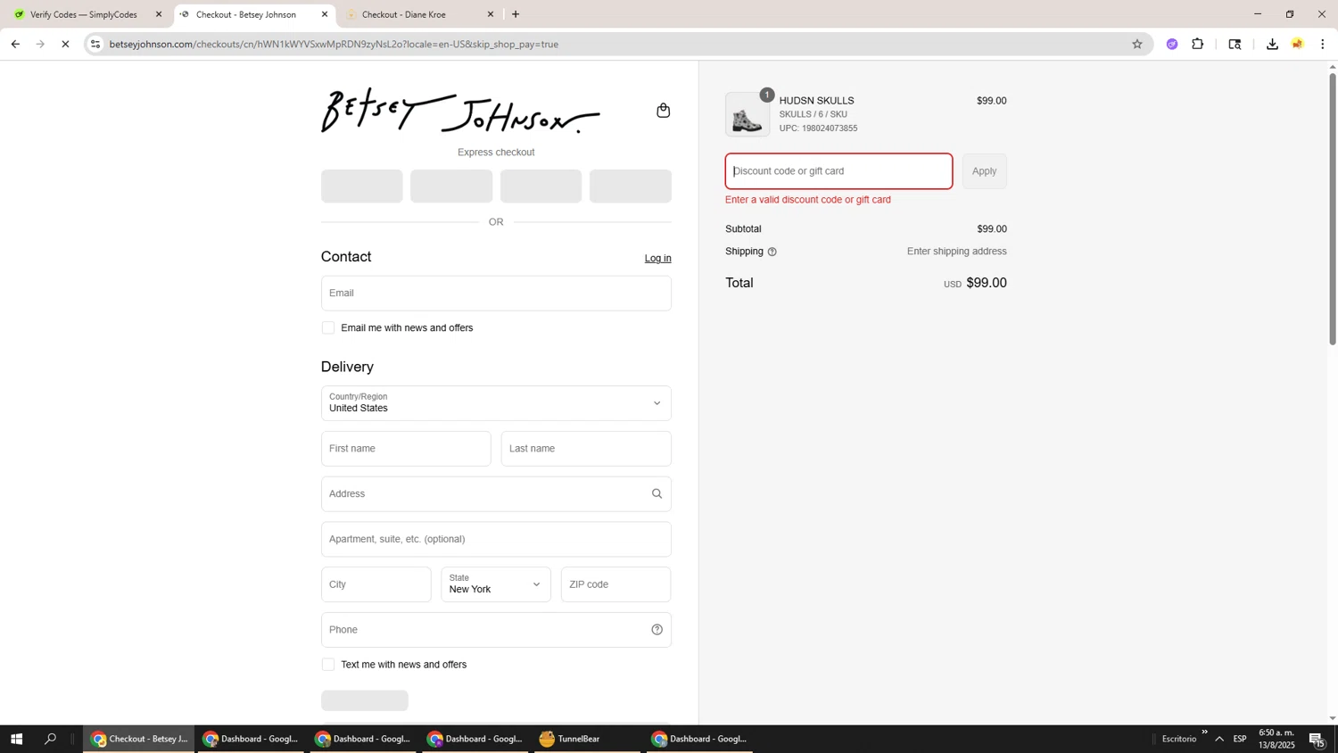 Betsey Johnson coupon code screenshot showing code BIRTHDAY applied at Betsey Johnson checkout page. Uploaded by SimplyCodes community member Richard251 on Aug 13, 2025