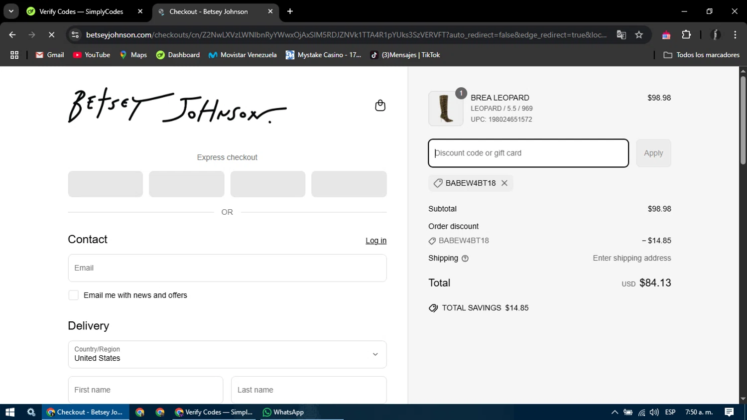 Betsey Johnson coupon code screenshot showing code BABEW4BT18 applied at Betsey Johnson checkout page. Uploaded by SimplyCodes community member ChinoYugiXD on Apr 20, 2025
