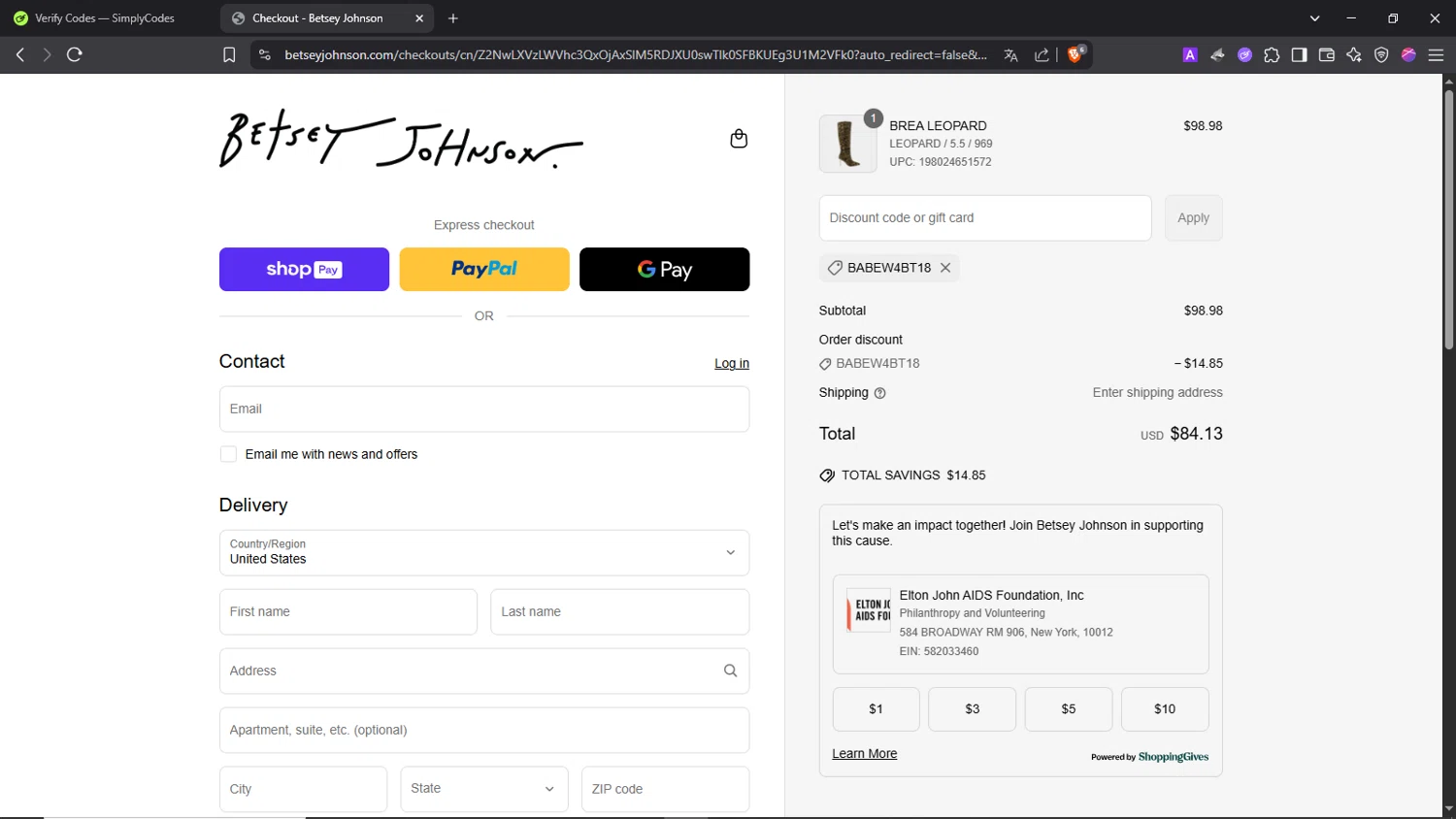 Betsey Johnson coupon code screenshot showing code BABEW4BT18 applied at Betsey Johnson checkout page. Uploaded by SimplyCodes community member Morrachida04 on Apr 20, 2025