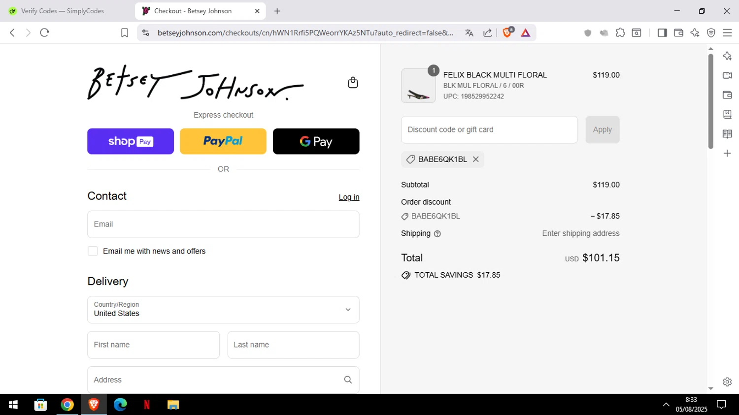 Betsey Johnson coupon code screenshot showing code BABE6qK1bL applied at Betsey Johnson checkout page. Uploaded by SimplyCodes community member ELYEYE on Aug 5, 2025