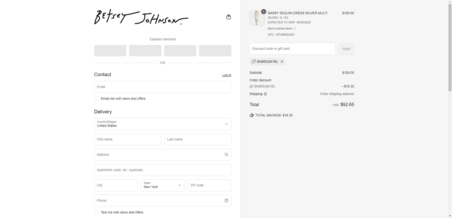 Betsey Johnson coupon code screenshot showing code BABE6qK1bL applied at Betsey Johnson checkout page. Uploaded by SimplyCodes community member EpicEagle816 on Jun 8, 2025