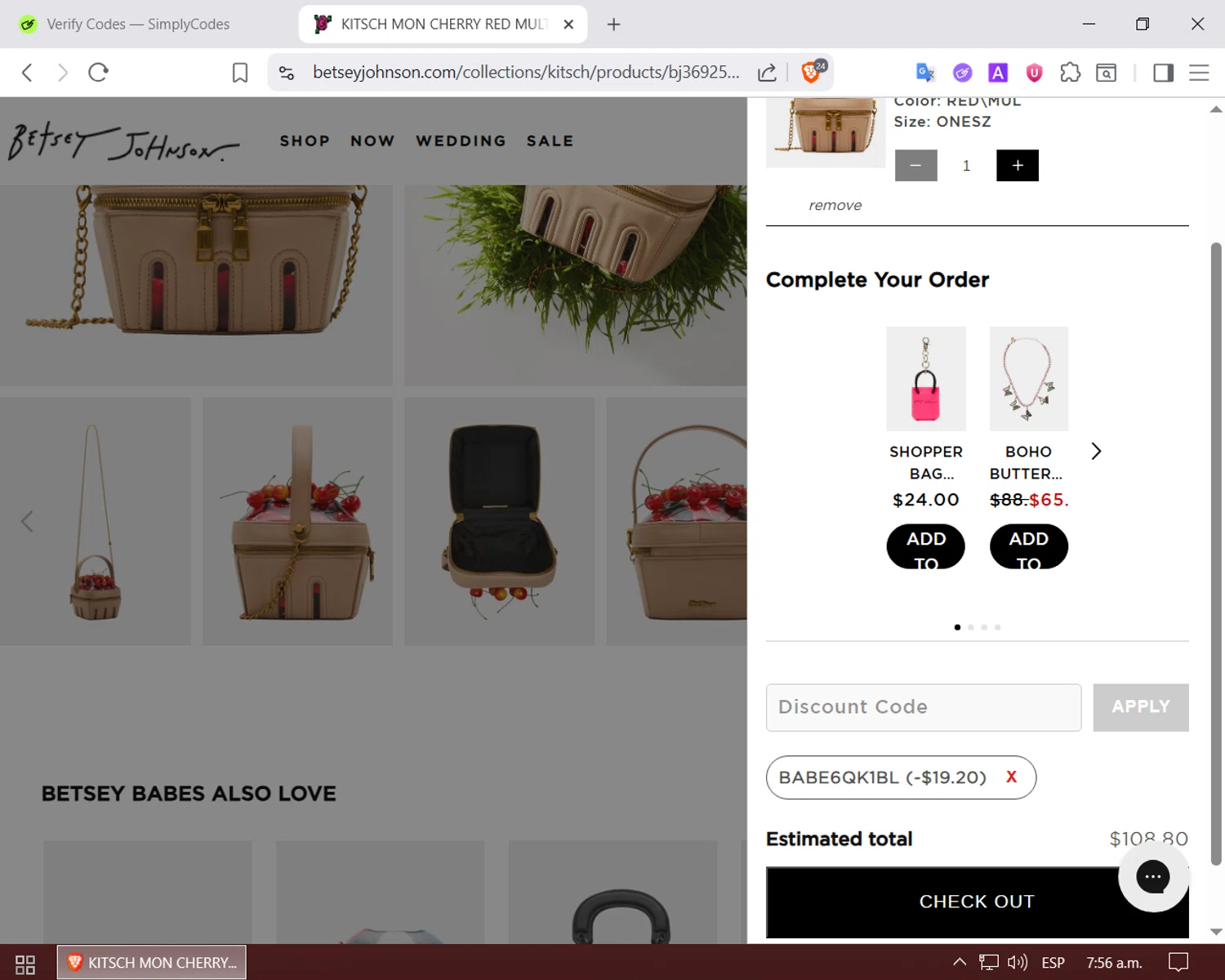 Betsey Johnson coupon code screenshot showing code BABE6qK1bL applied at Betsey Johnson checkout page. Uploaded by SimplyCodes community member LuckyPilot205 on Jul 3, 2025
