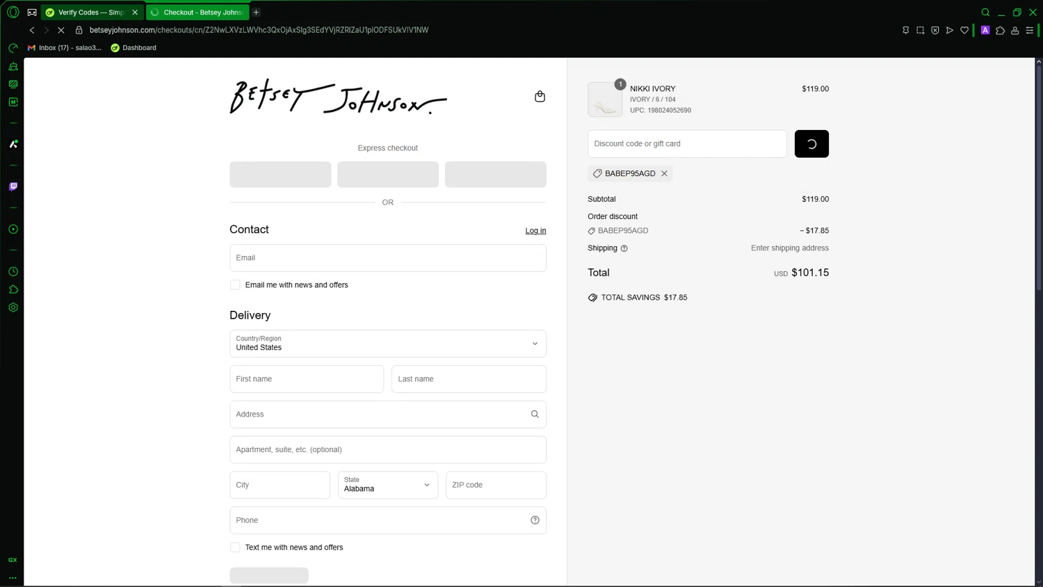 Betsey Johnson coupon code screenshot showing code BABEP95AGD applied at Betsey Johnson checkout page. Uploaded by SimplyCodes community member LegendaryCaptain2435 on Jun 8, 2025