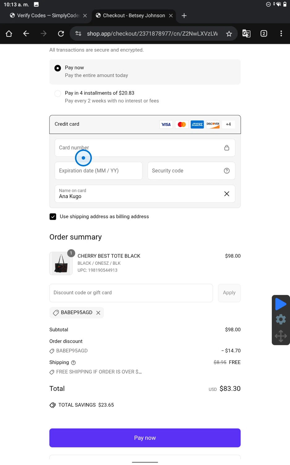 Betsey Johnson coupon code screenshot showing code BABEP95AGD applied at Betsey Johnson checkout page. Uploaded by SimplyCodes community member PennySaver9600 on May 5, 2025