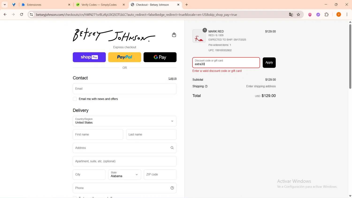 Betsey Johnson coupon code screenshot showing code extra30 applied at Betsey Johnson checkout page. Uploaded by SimplyCodes community member FortunateFinder9465 on Aug 23, 2025