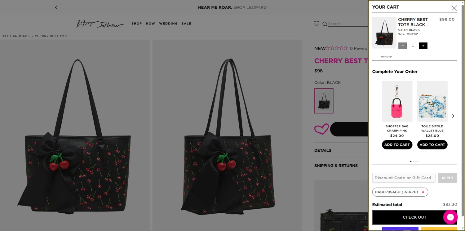 Betsey Johnson coupon code screenshot showing code BABEP95AGD applied at Betsey Johnson checkout page. Uploaded by SimplyCodes community member Dorothy on May 5, 2025