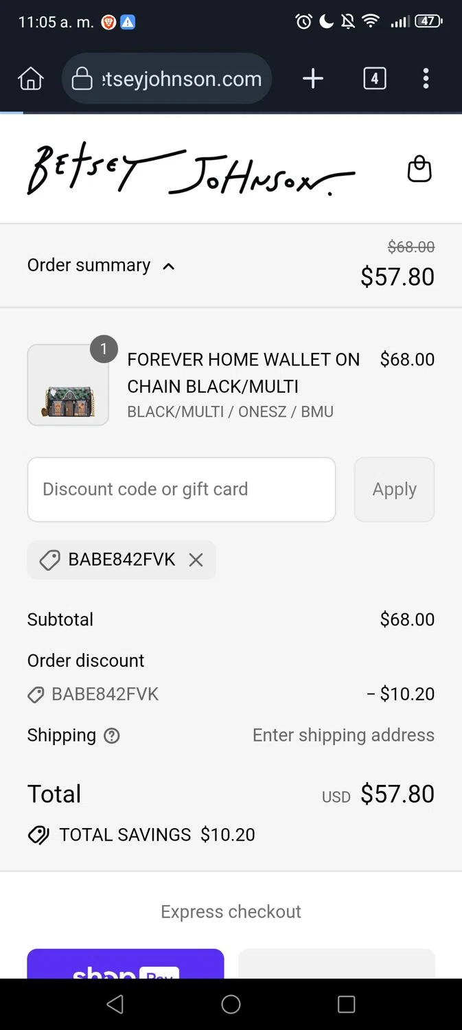Betsey Johnson coupon code screenshot showing code babe842fvk applied at Betsey Johnson checkout page. Uploaded by SimplyCodes community member George07 on Aug 4, 2025