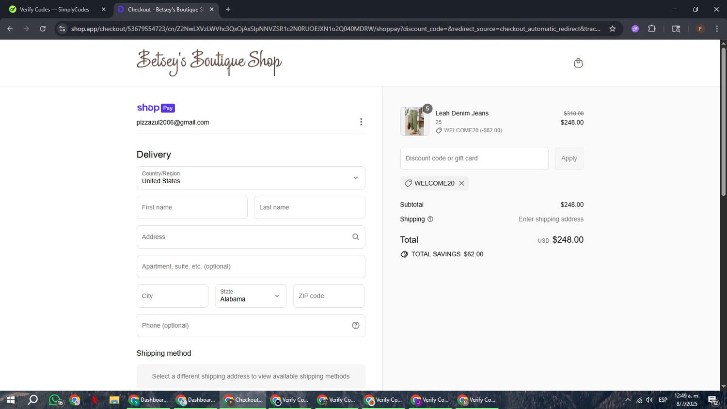 Betsey's Boutique Shop promo code screenshot showing code WELCOME20 applied at Betsey's Boutique Shop checkout page. Uploaded by SimplyCodes community member ExtraordinaryHunter3076 on Jul 8, 2025