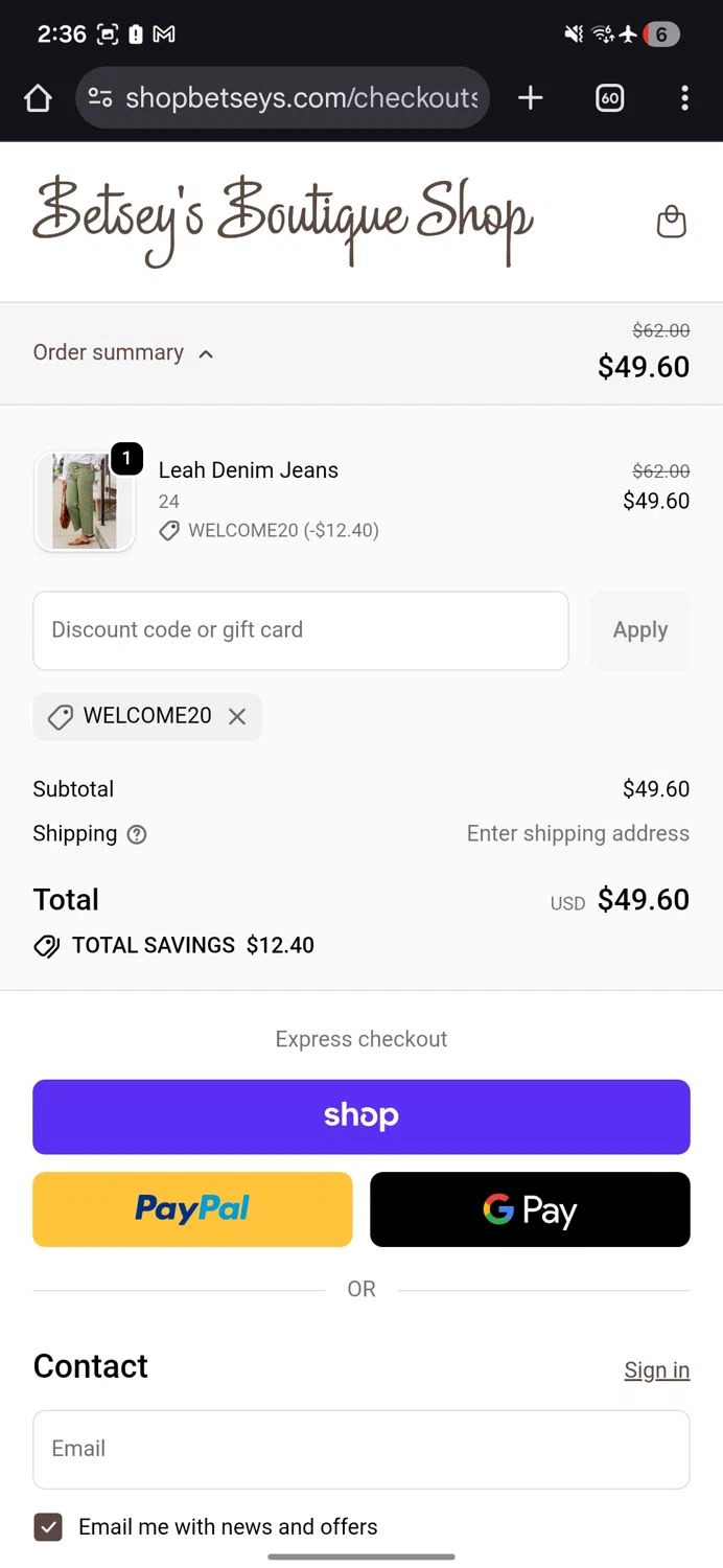 Betsey's Boutique Shop promo code screenshot showing code WELCOME20 applied at Betsey's Boutique Shop checkout page. Uploaded by SimplyCodes community member KataldoMustafack on Nov 6, 2025