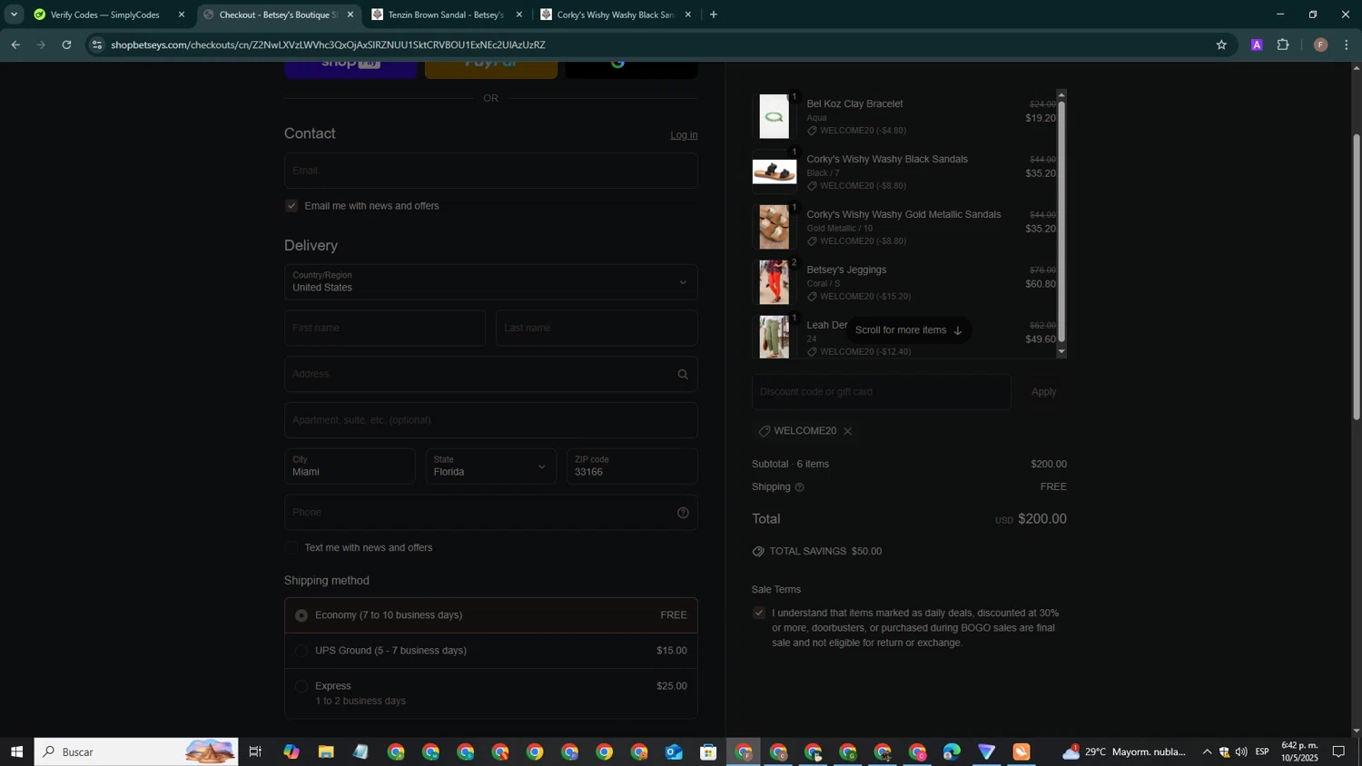 Betsey's Boutique Shop promo code screenshot showing code WELCOME20 applied at Betsey's Boutique Shop checkout page. Uploaded by SimplyCodes community member ValiantCollector267 on May 10, 2025