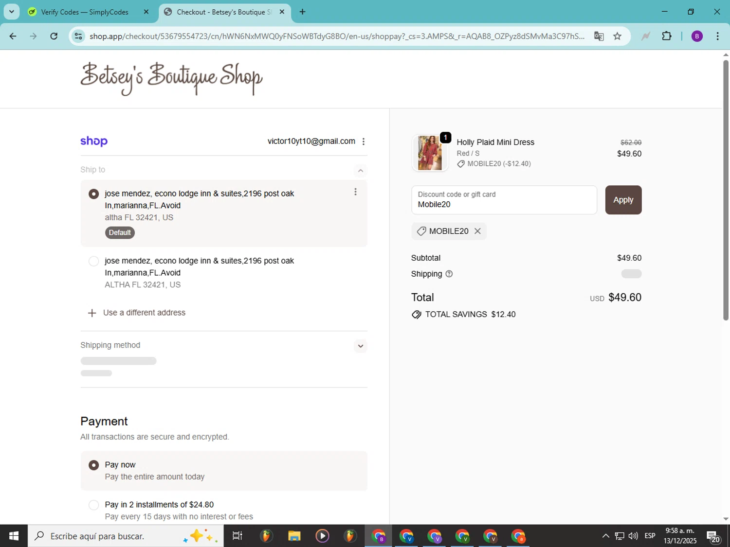 Betsey's Boutique Shop promo code screenshot showing code Mobile20 applied at Betsey's Boutique Shop checkout page. Uploaded by SimplyCodes community member Soyvictor on Dec 13, 2025