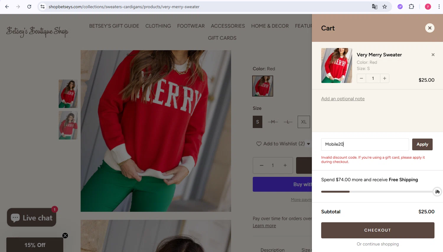 Betsey's Boutique Shop promo code screenshot showing code Mobile20 applied at Betsey's Boutique Shop checkout page. Uploaded by SimplyCodes community member carmis007 on Dec 13, 2025