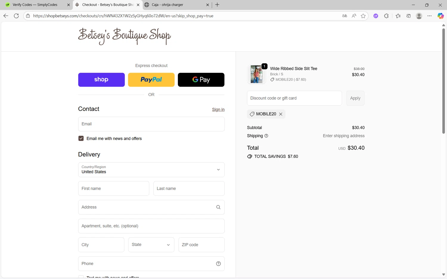 Betsey's Boutique Shop promo code screenshot showing code Mobile20 applied at Betsey's Boutique Shop checkout page. Uploaded by SimplyCodes community member frijolito on Oct 13, 2025