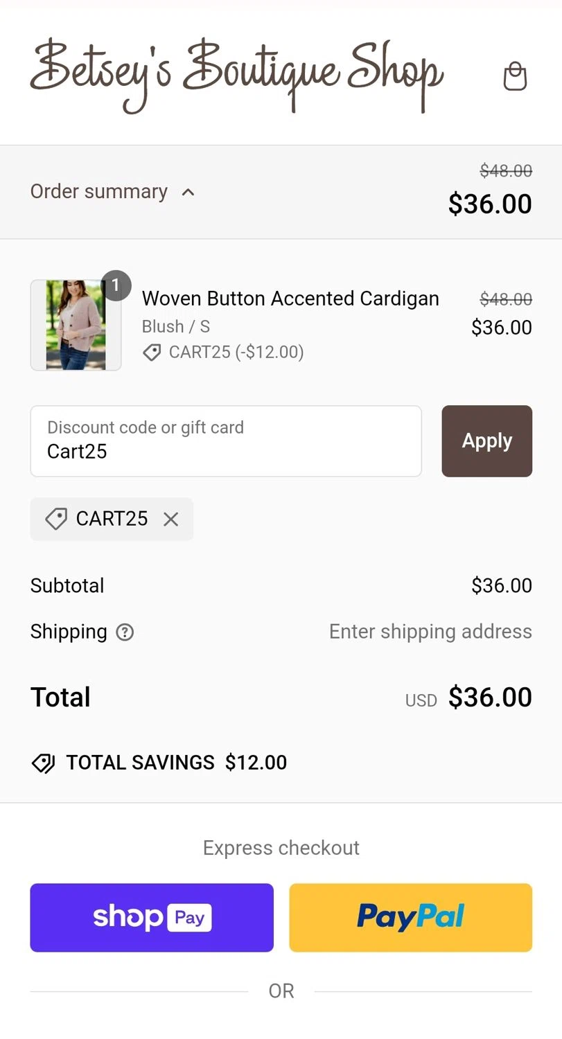 Betsey's Boutique Shop promo code screenshot showing code Cart25 applied at Betsey's Boutique Shop checkout page. Uploaded by SimplyCodes community member JuanMonge on Feb 23, 2025