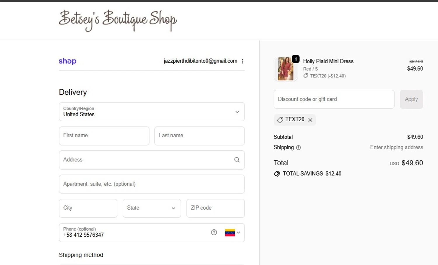 Betsey's Boutique Shop promo code screenshot showing code Text20 applied at Betsey's Boutique Shop checkout page. Uploaded by SimplyCodes community member aadadqjkdwqdq on Dec 13, 2025
