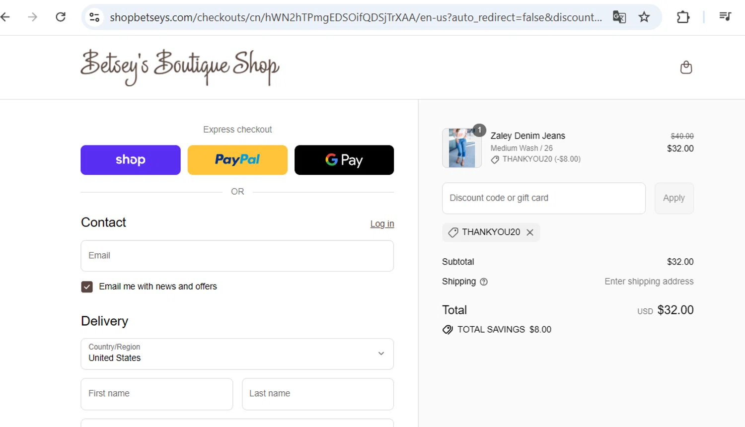 Betsey's Boutique Shop promo code screenshot showing code THANKYOU20 applied at Betsey's Boutique Shop checkout page. Uploaded by SimplyCodes community member BB9542251456527 on Sep 7, 2025
