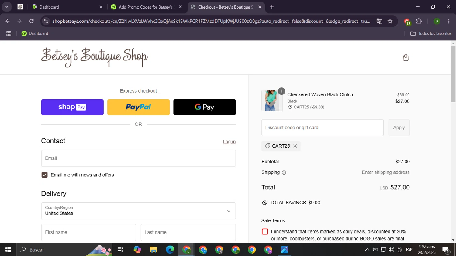 Betsey's Boutique Shop promo code screenshot showing code Cart25 applied at Betsey's Boutique Shop checkout page. Uploaded by SimplyCodes community member Daemon06 on Feb 23, 2025