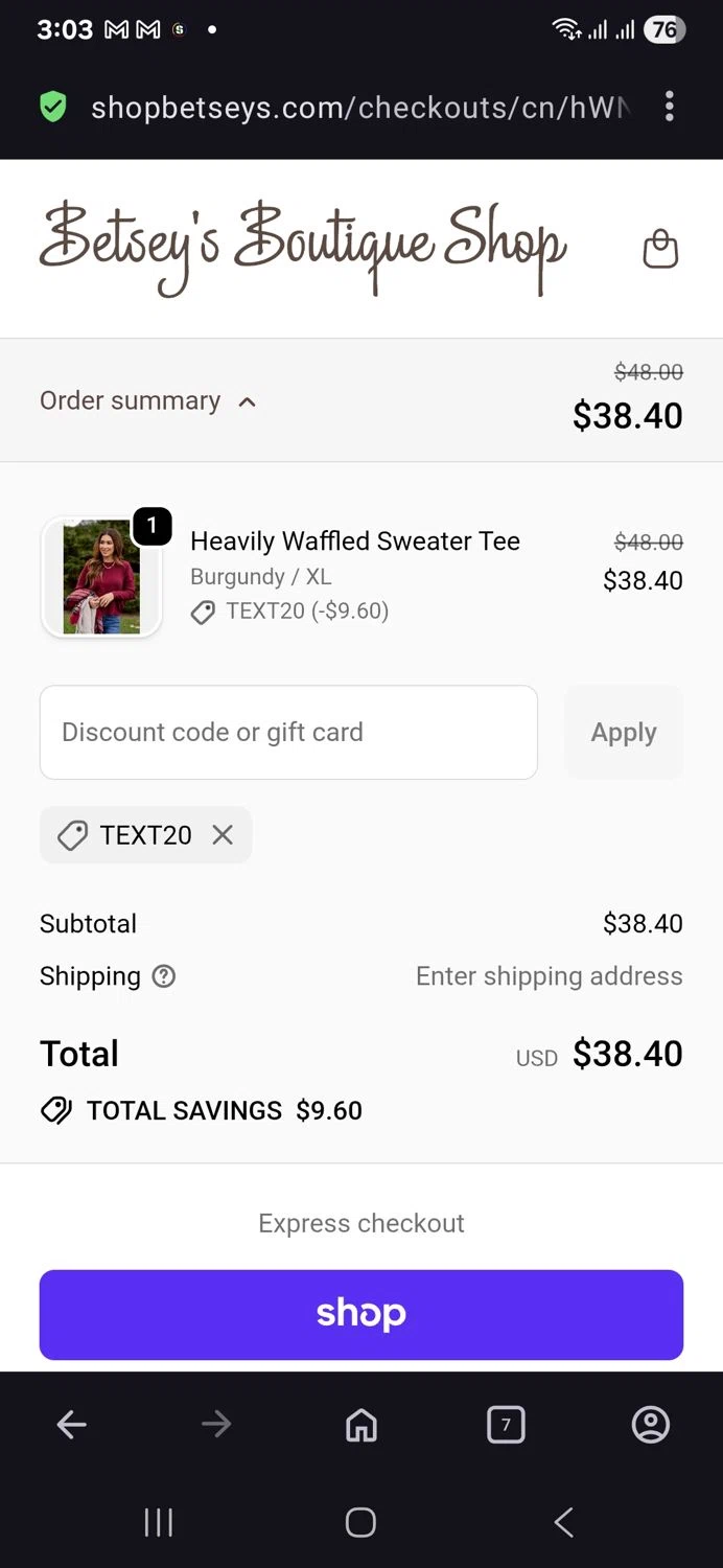Betsey's Boutique Shop promo code screenshot showing code Text20 applied at Betsey's Boutique Shop checkout page. Uploaded by SimplyCodes community member vida5254427716958 on Oct 23, 2025