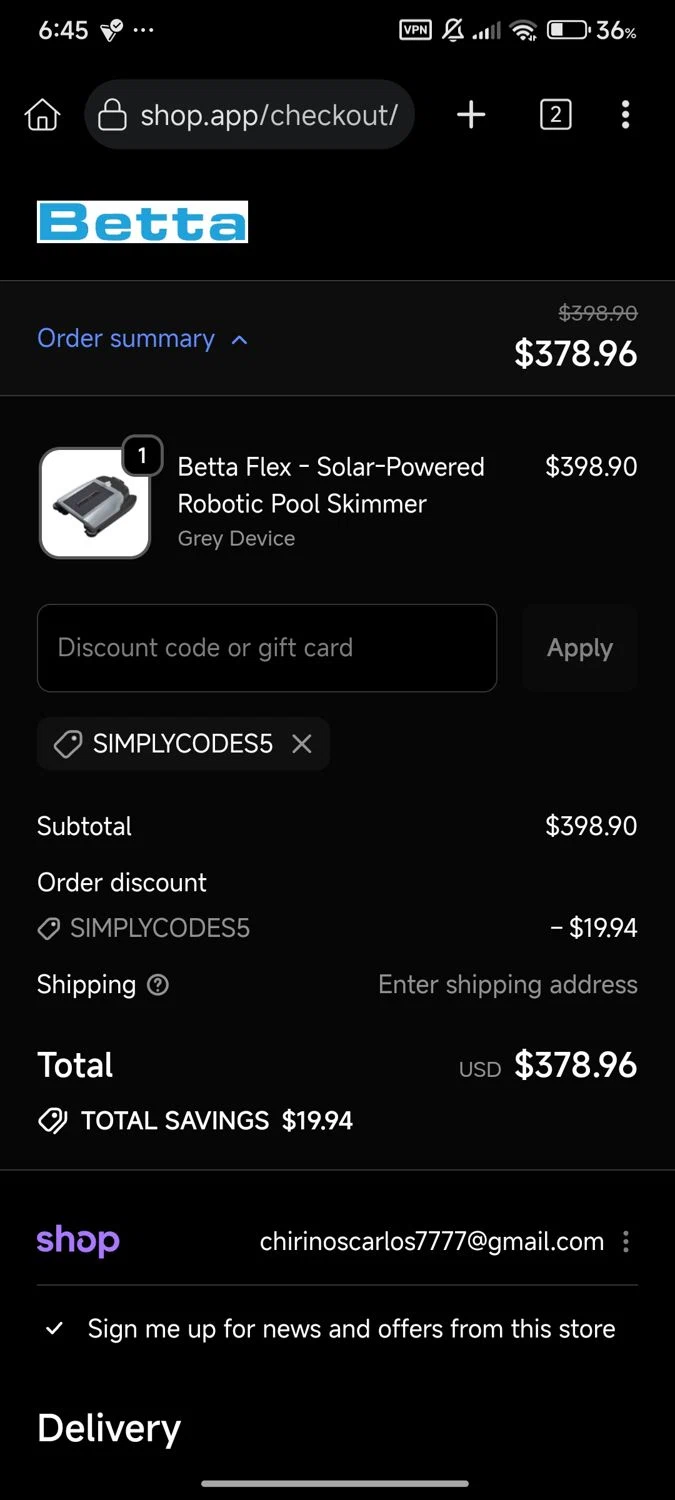 Betta discount code screenshot showing code SIMPLYCODES5 applied at Betta checkout page. Uploaded by SimplyCodes community member Enmanuel17 on Sep 24, 2025